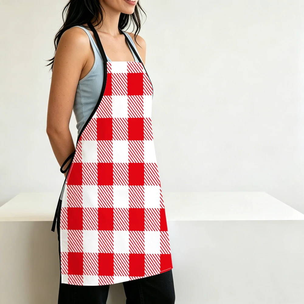 Classic Red And White Gingham Check Pattern Apron Kitchen Aprons For Cooking Baking And Daily Housework Adjustable Bibs
