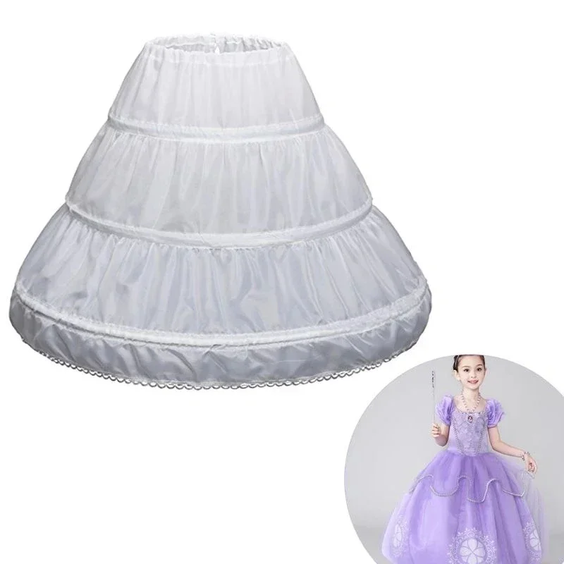 White Children Petticoat A-Line 3 Hoops One Layer Kids Crinoline Lace Trim Flower Girl Dress Underskirt Elastic Waist