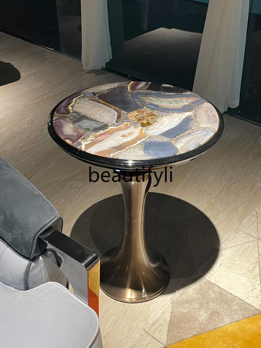 

Light luxury round edge few natural agate stone living room creative stainless steel round few