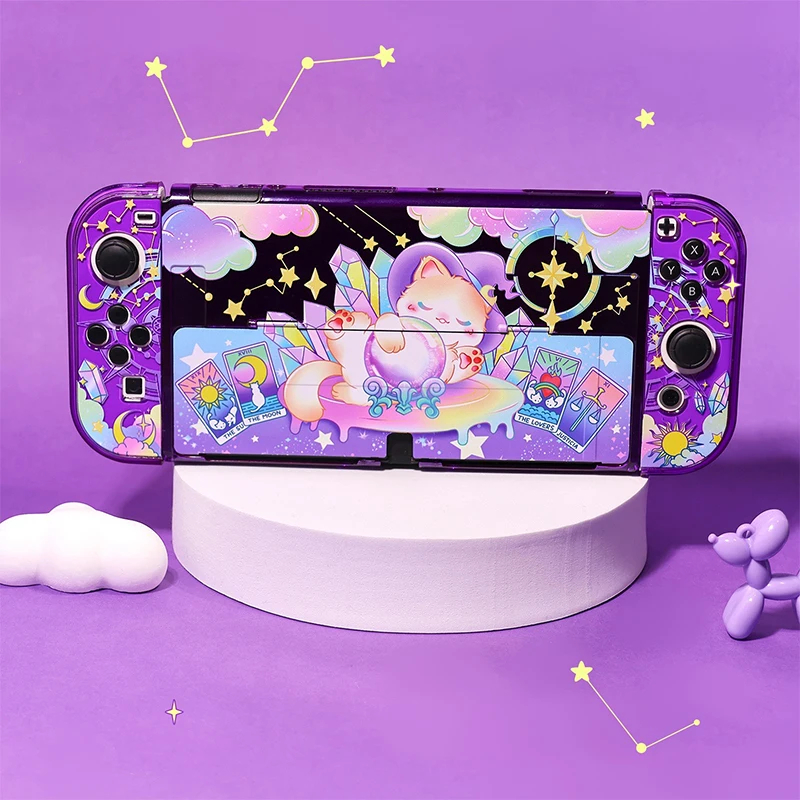 Purple Kawaii Tarot Cat Protective Shell For Nintendo Switch Oled Joy-Con Controller Switch Oled Shell Hard PC Cover Accessories