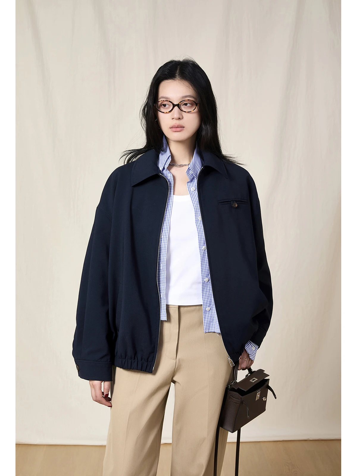 

SOV Premium Full Wool Spun Casual Miu Sle Deep Blue lectual Casual Jaet Women's Faion Spring Commute Wind Loose Fit