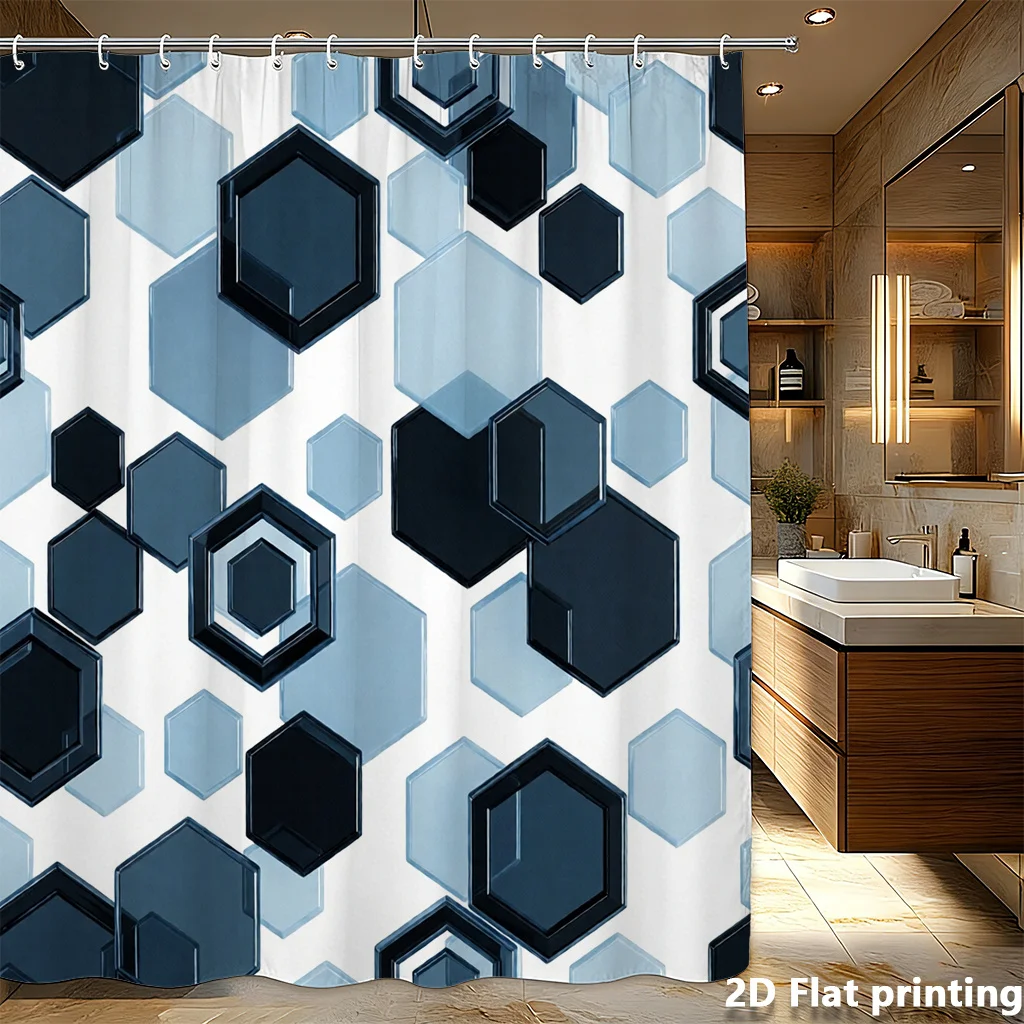 

Modern Hexagon Shower Curtain Blue Black 2D Digital Print Polyester with Grommets 72x72inch