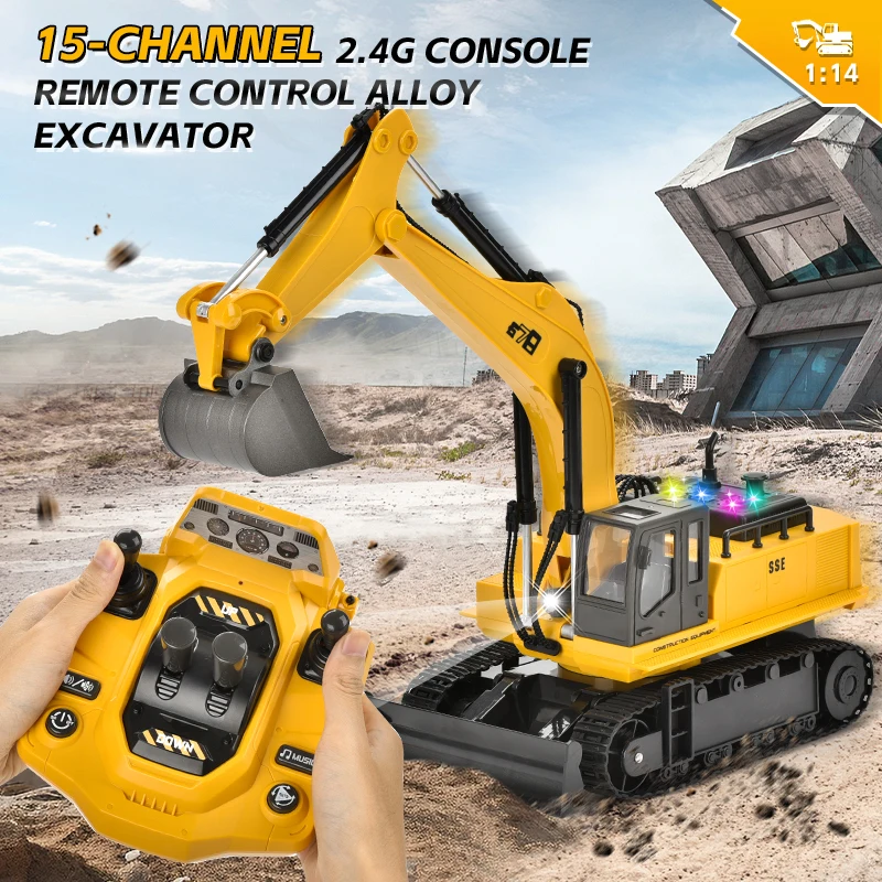 RC 15-канальный экскаватор из сплава с дистанционным управлением, модель бульдозера, строительная машина с подсветкой, детские игрушки для мальчиков