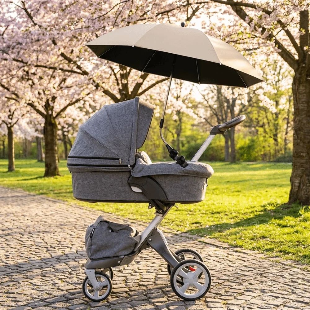 

Adjustable UV Protection Umbrella with Clamp 2-in-1 Design Pram Cover Umbrella Rainproof 360 Degree Baby Stroller Umbrella