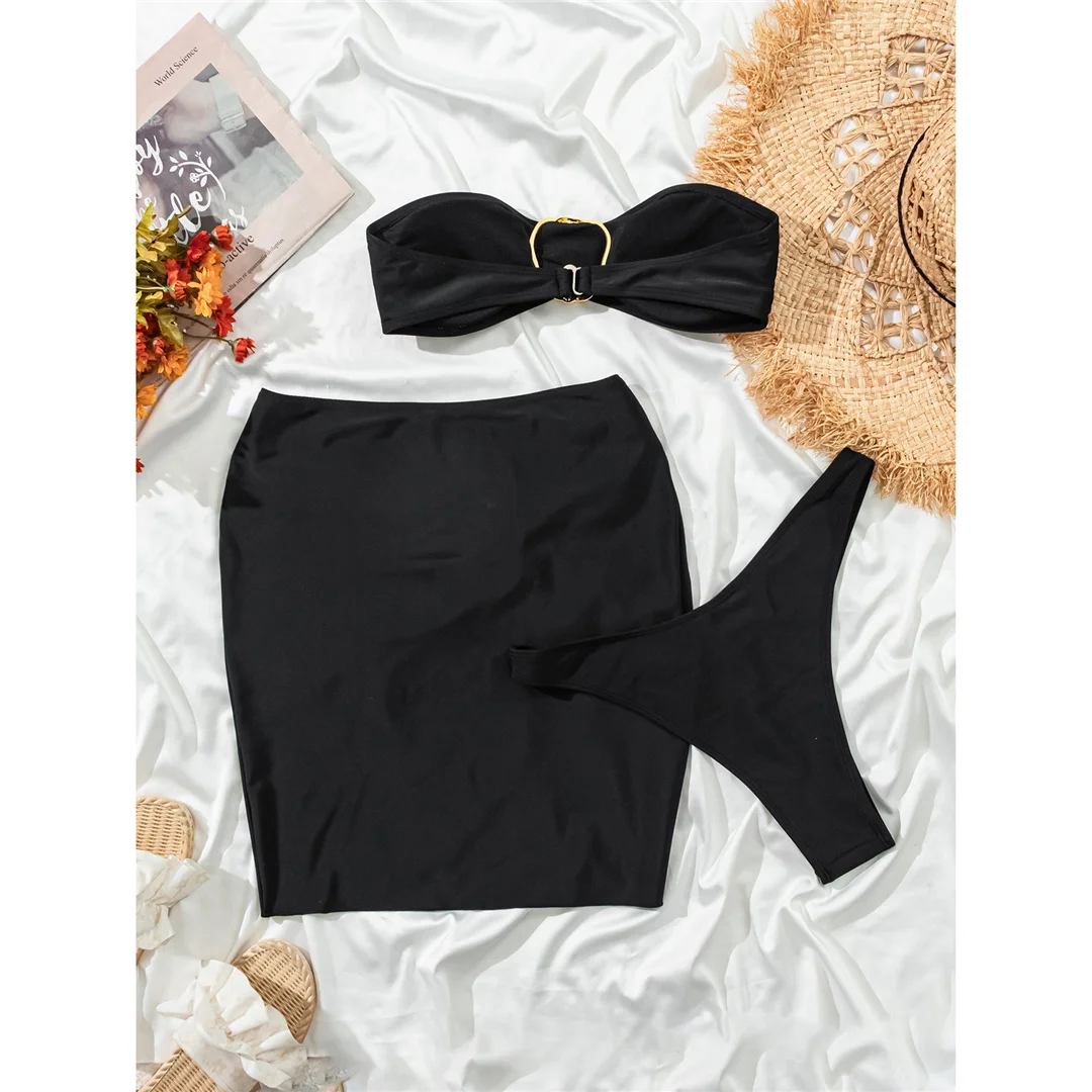 3-teiliges Set mit Rock, Bandeau-Bikini, Metallring, Damen-Badeanzug, dreiteiliger Bikini, Badebekleidung, Badeanzug, Schwimmkleidung V6954 – Detail 7