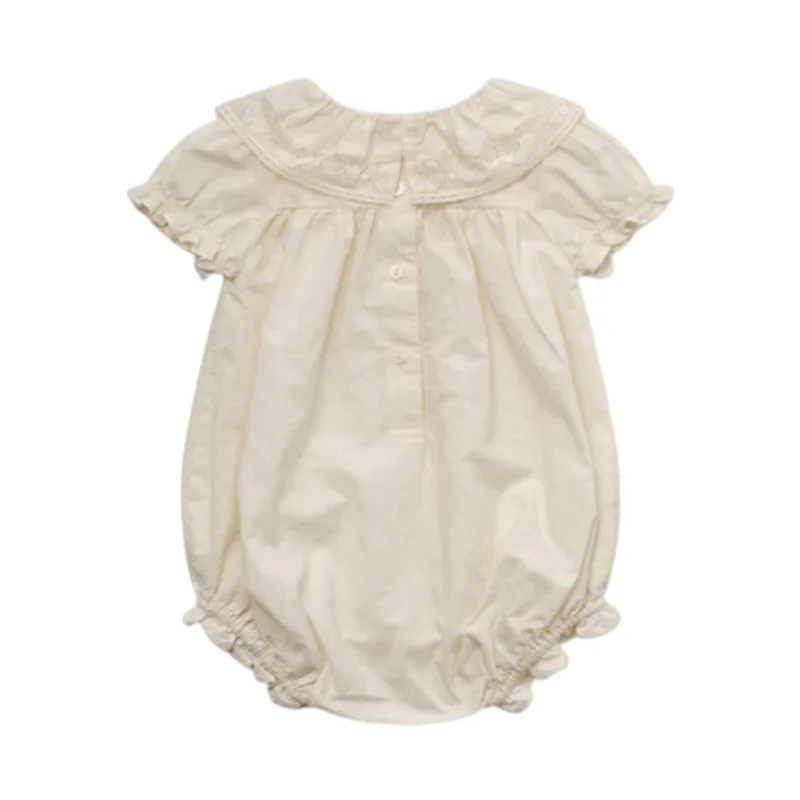 Spring/Summer Cotton Lace Collared Triangle Romper Cream Color for Infants Short-Sleeved with Large Collar Baby Crawling Suit