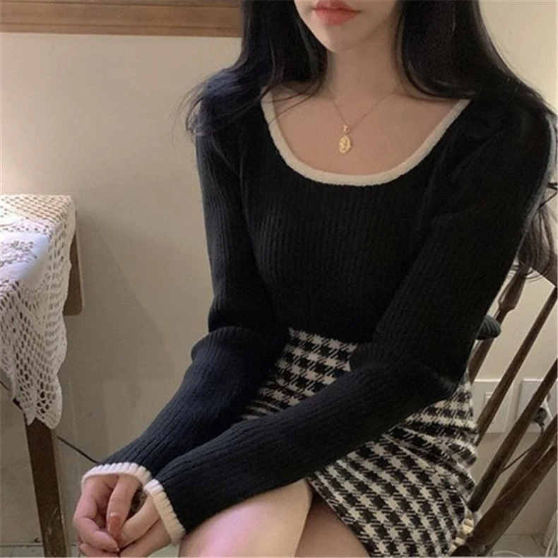

Women 2024 Autumn Winter New Korean Long Sleeve Sweater Tops Female Casual Square Collar Jumpers Ladies Loose Knitted Tops V73