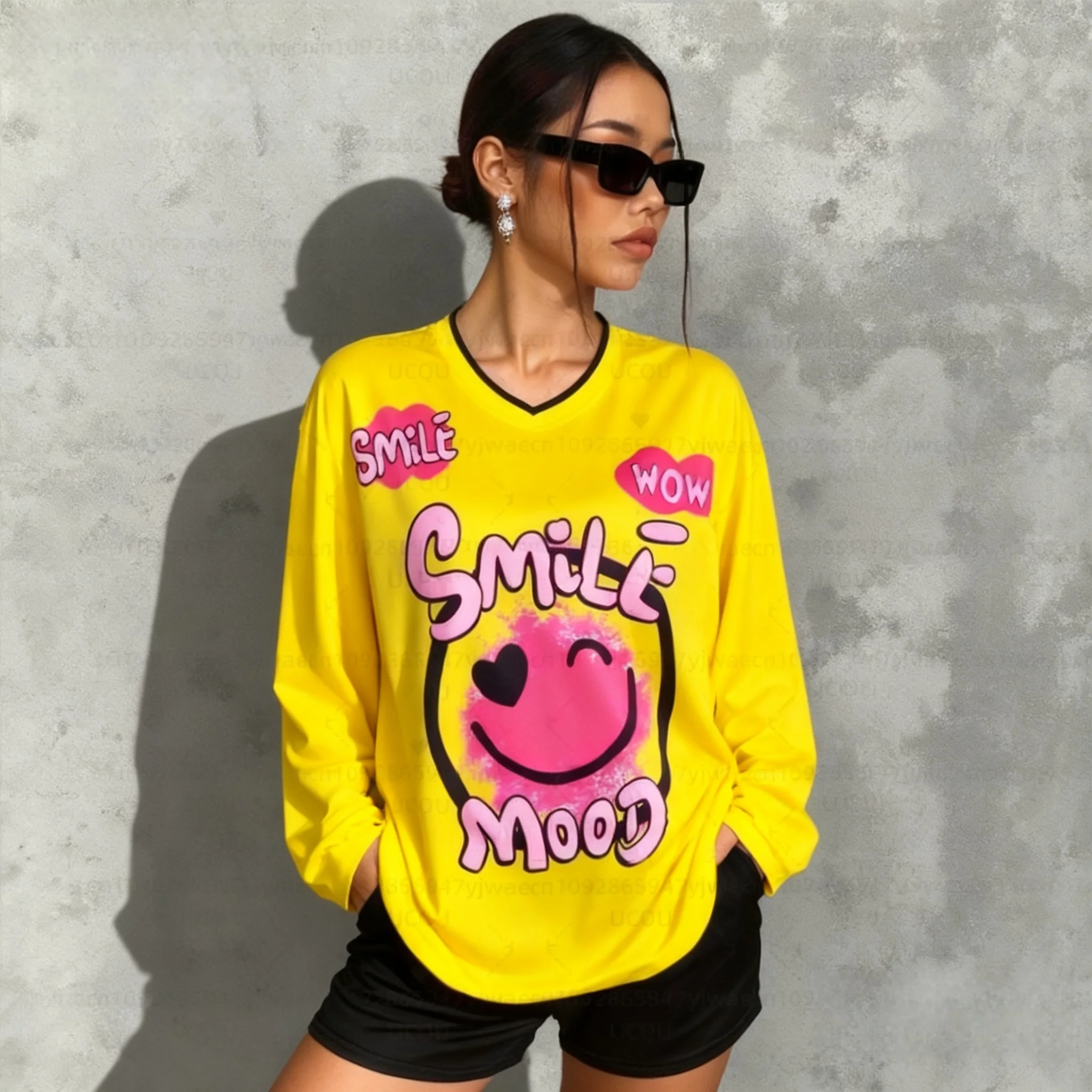 Primavera e autunno American Street Love Smile T-shirt a maniche lunghe Y2K da donna oversize D T-shirt sportiva di tendenza stampata