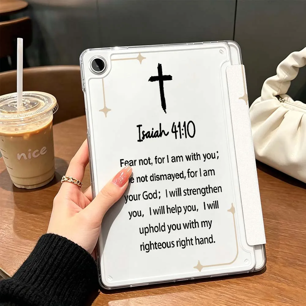 Dark Cross Bible Verse For Samsung Galaxy Tab A9 A8 A11 S6 S7 S8 S9 S10 FE Plus Lite Transparent Y-Shaped Folding Tablet Case