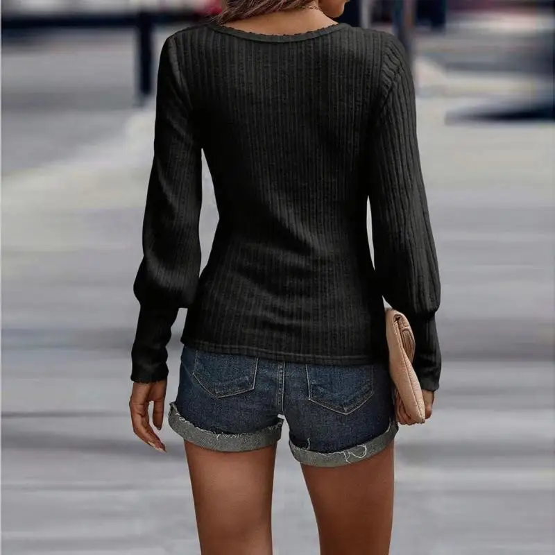 39BC – Cardigan décontracté à manches longues lanterne pour femmes, haut en tricot côtelé à col rond