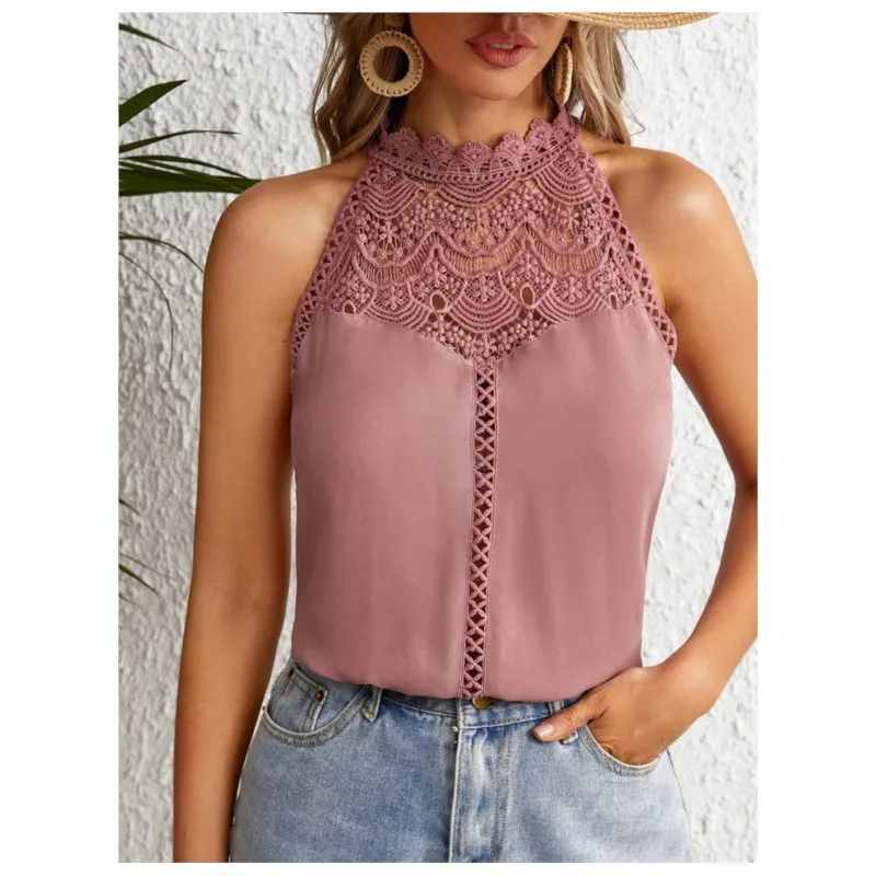 Elegant Sleeveless Women's Shirt 2024 Summer Yellow Hollow Lace Style Tank Top For Women Tops Bloues Camisas De Mujer AXR297