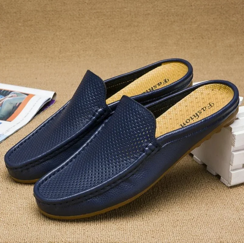 2025 Summer Slip On Half Shoes For Men Leather Slippers Casual Mules Breathable Comfy Loafers Moccasins white Black blue