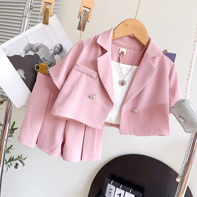 Summer Girls Suit Fashion Jacket+Suspender+Shorts Baby Girl Outfit Set Korean Fashion Children Clothing Set Toddler Girl 3Pcs