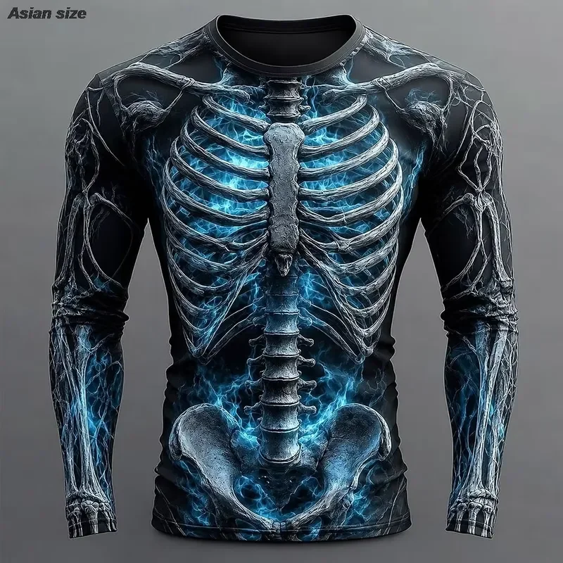3D Long Sleeve Halloween Men's Skull Skeleton T Shirt 2026 Fashion Exaggerated 3D Print Crew Neck Top Casual Streetwear Gift
