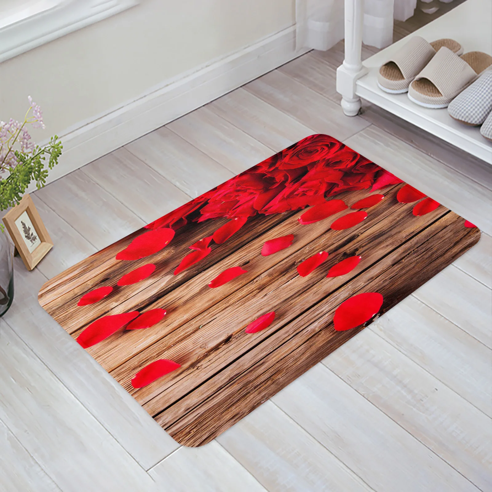 Red Rose Flower Brown Board Plant Kitchen Doormat Bedroom Bath Floor Carpet House Hold Carpet Door Mat Area Rugs Home Decor