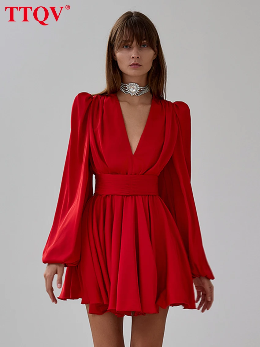 

TTQV Fashion Loose Red Satin Women's Dress Sexy Deep V-Neck Puff Sleeve Mini Dresses Elegant High Waist Pleated Female Dress