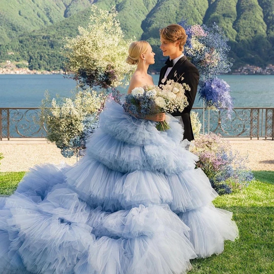 Pretty Colored Blue Tulle Wedding Gowns Very Puffy Tulle Ball Gowns Fluffy Ruffles Tiered Bridal Dresses Beaded Prom Gowns