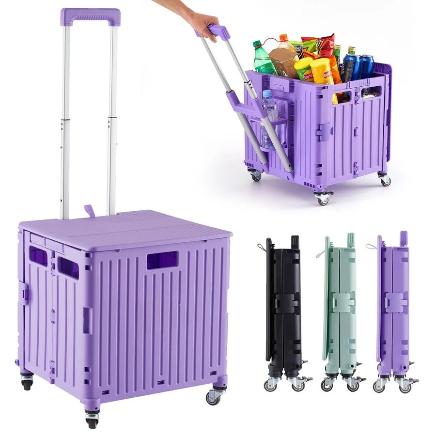

Utility Cart Portable Rolling Crate Handcart Shopping Trolley Collapsible Tool Box, with Lid, Basket on 4 Rotate Wheels, for Gro