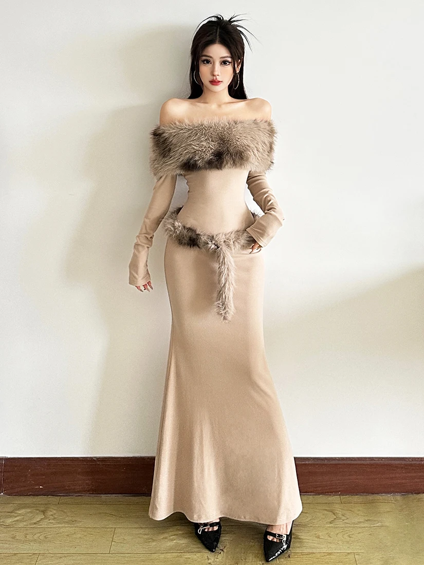 Ele Long Sve One oulder Dr Women's Patchwork Fur Blend Dr Sli Ladylike Sle Casual Wear Polyester Fabric