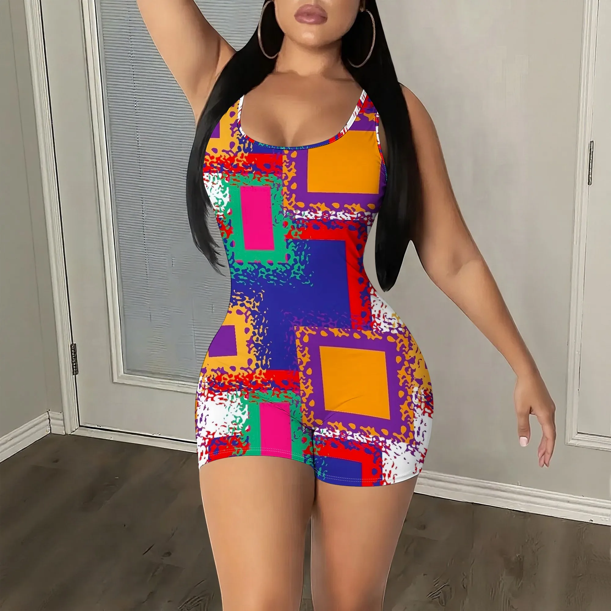 

Vibrant Geometric Print, Sleeveless Bodycon Romper, Colorful Abstract Pattern, Mini Playsuit, Party Clubwear, S-2XL