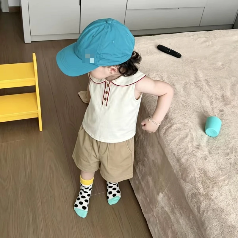 Children's 2026 Summer New Color Blocked Button up Sleeveless Top and Solid Color Shorts Two-piece Set