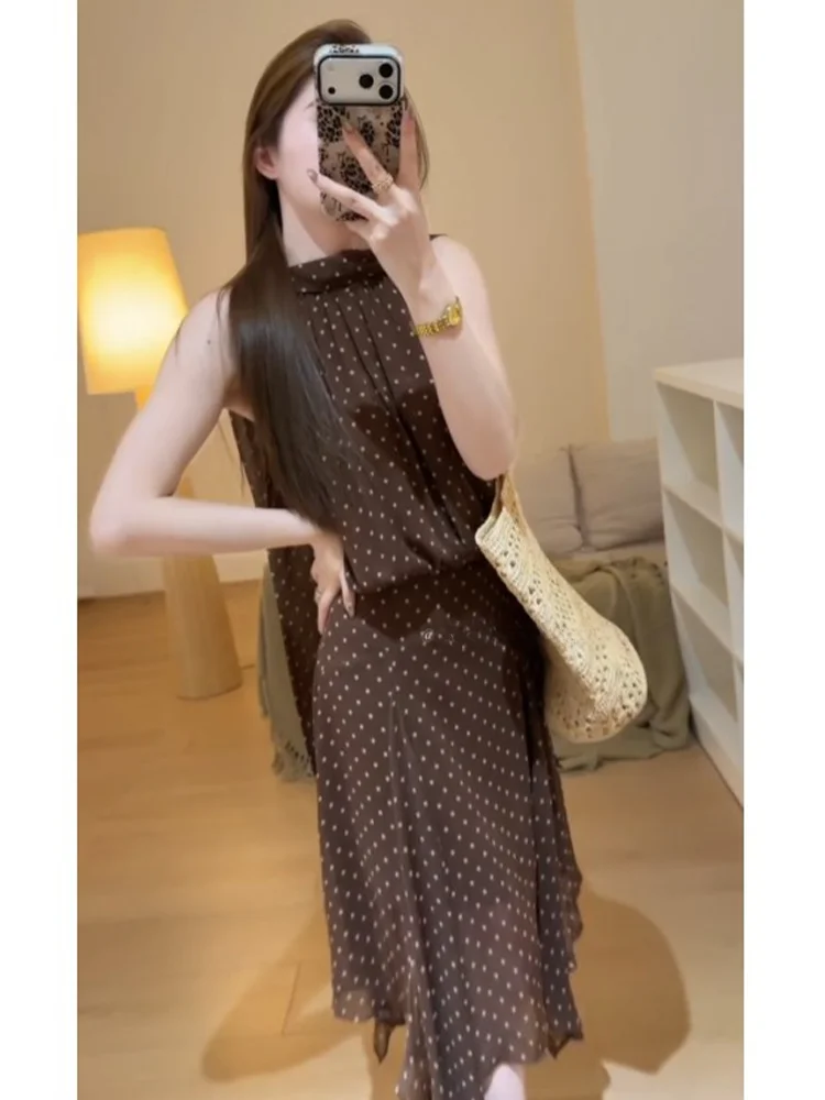 

Retro Brown Polka Dot Sash Sleeveless Top Asymmetrical Hem Skirt Summer Pure Desire Women's Fashion Set Polyester Fiber