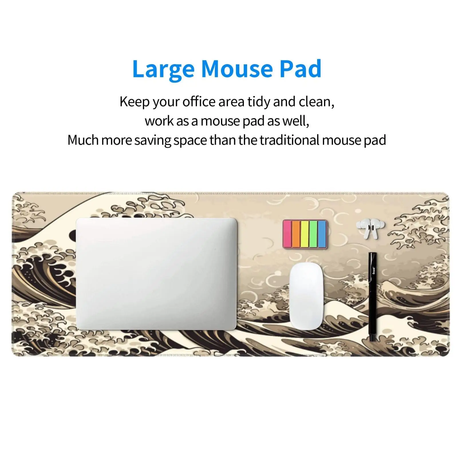 Golden Color Japan Japanese Kanagawa Sea Wave Gaming Mouse Pad XL Extended Large Keyboard Non-Slip Rubber Base for Home Office