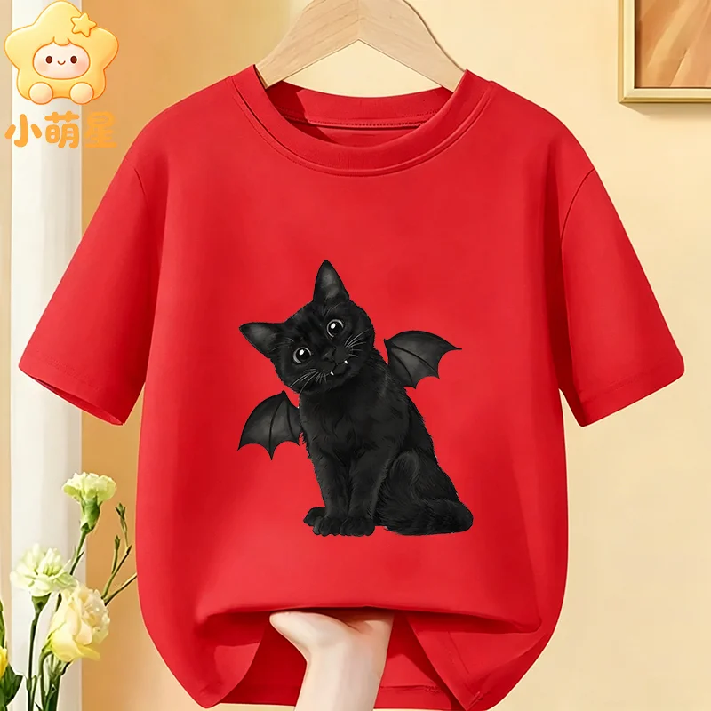 Halloween Black Cat Decorated with Bat Wings Printed Kids Tee Pure Cotton O‑Neck Short Sleeve Fashion Children's Party Clothing