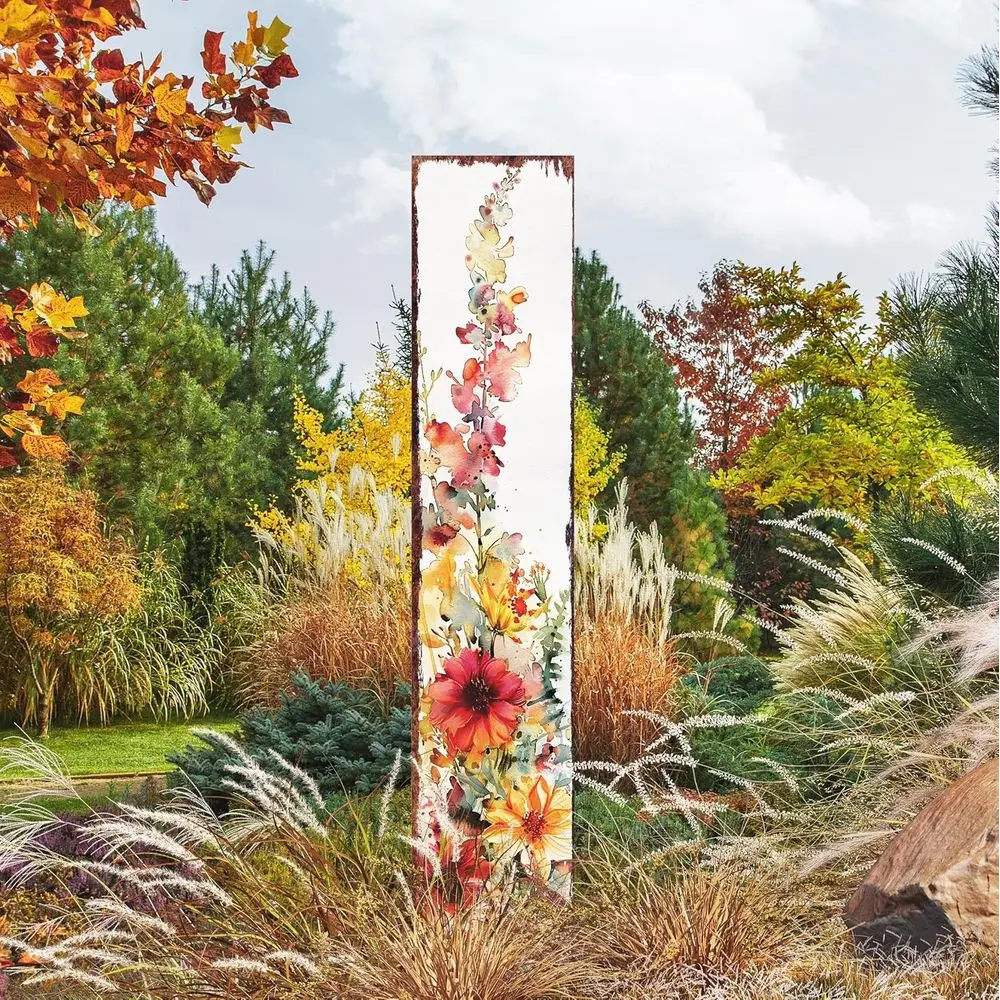 

Деревенский акварельный садовый кол с полевыми цветами — уличный осенний декор патио, 66x12