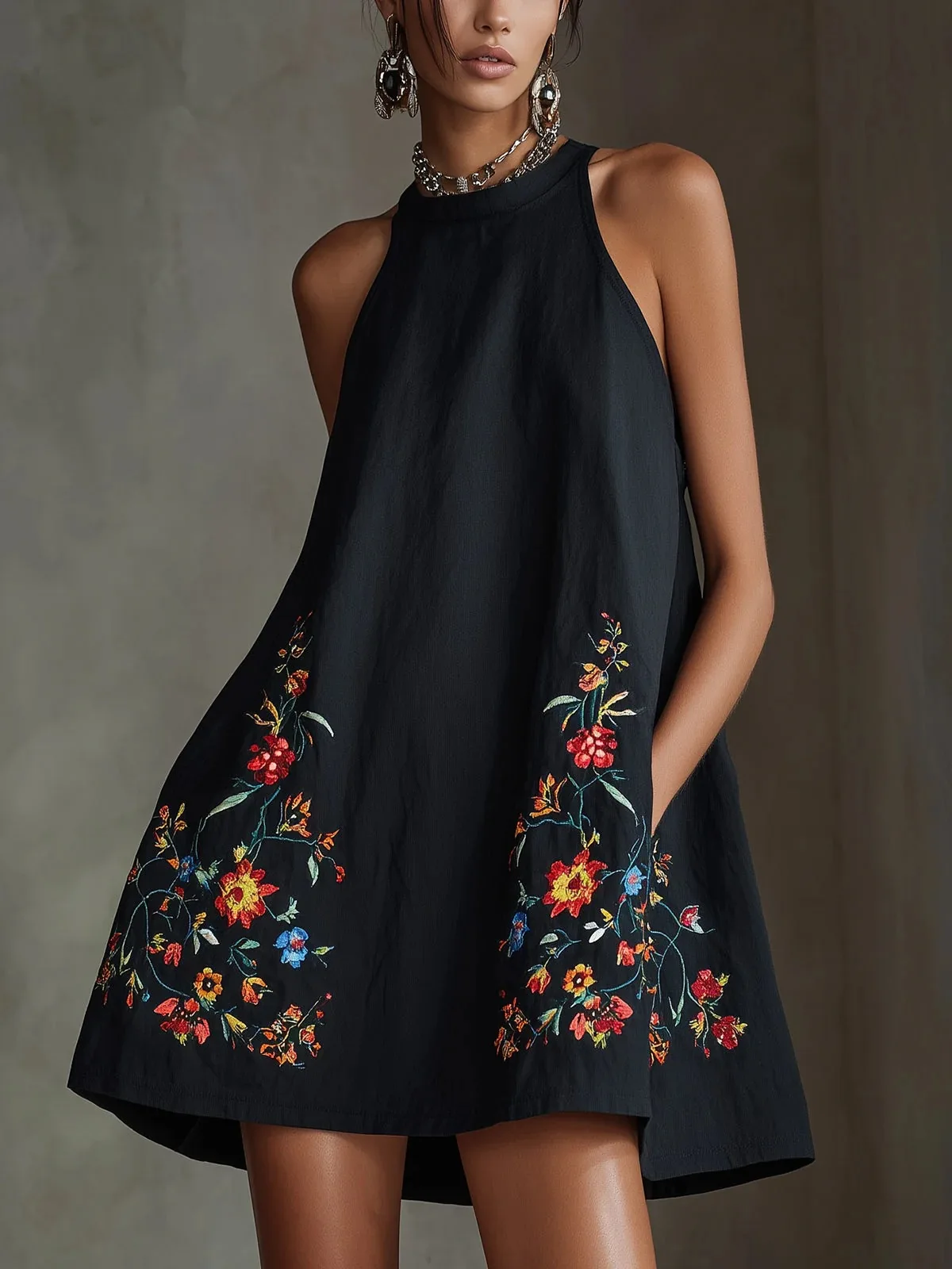 2026 Bedrucktes Mini-Kleid Ärmellos Locker A-Linie Shift-Kleid mit Taschen Damen Boho Sommer Lässiges Fließendes Ärmelloses Kleid
