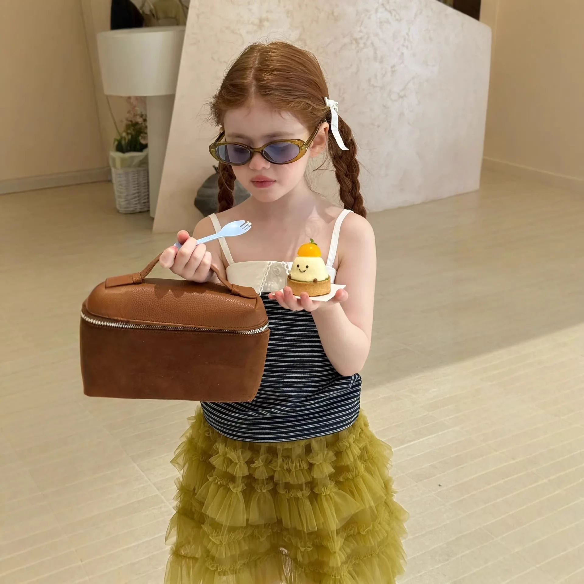 2026 Summer New Girls Fashion Knitted Striped Splicing Small Strap Korean Popular T-shirt Children Strap Top