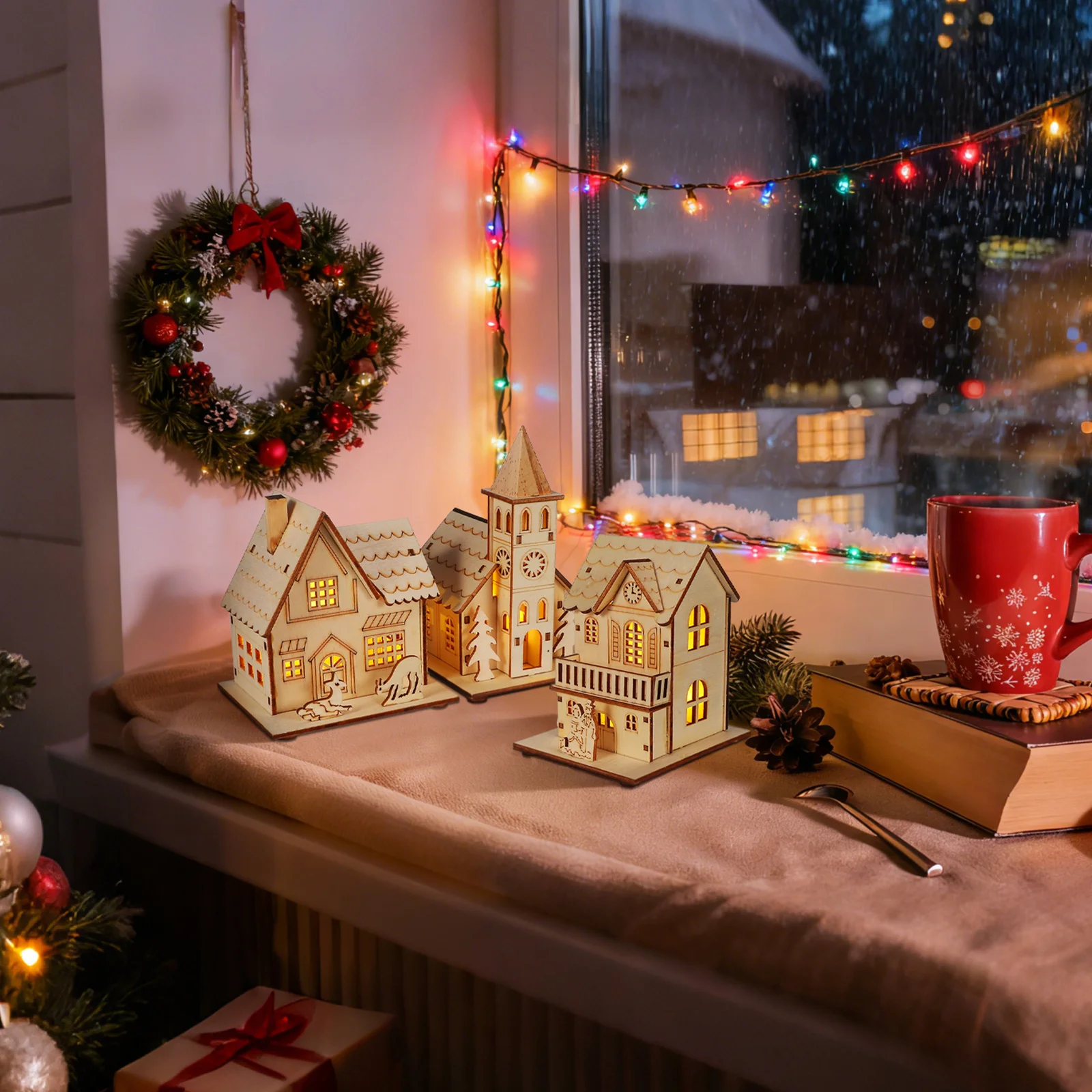 

3Pcs Luminous Wood House Ornament Xmas Desktop Decoration Unique Visual Effect Soft Lighting Festival Atmosphere