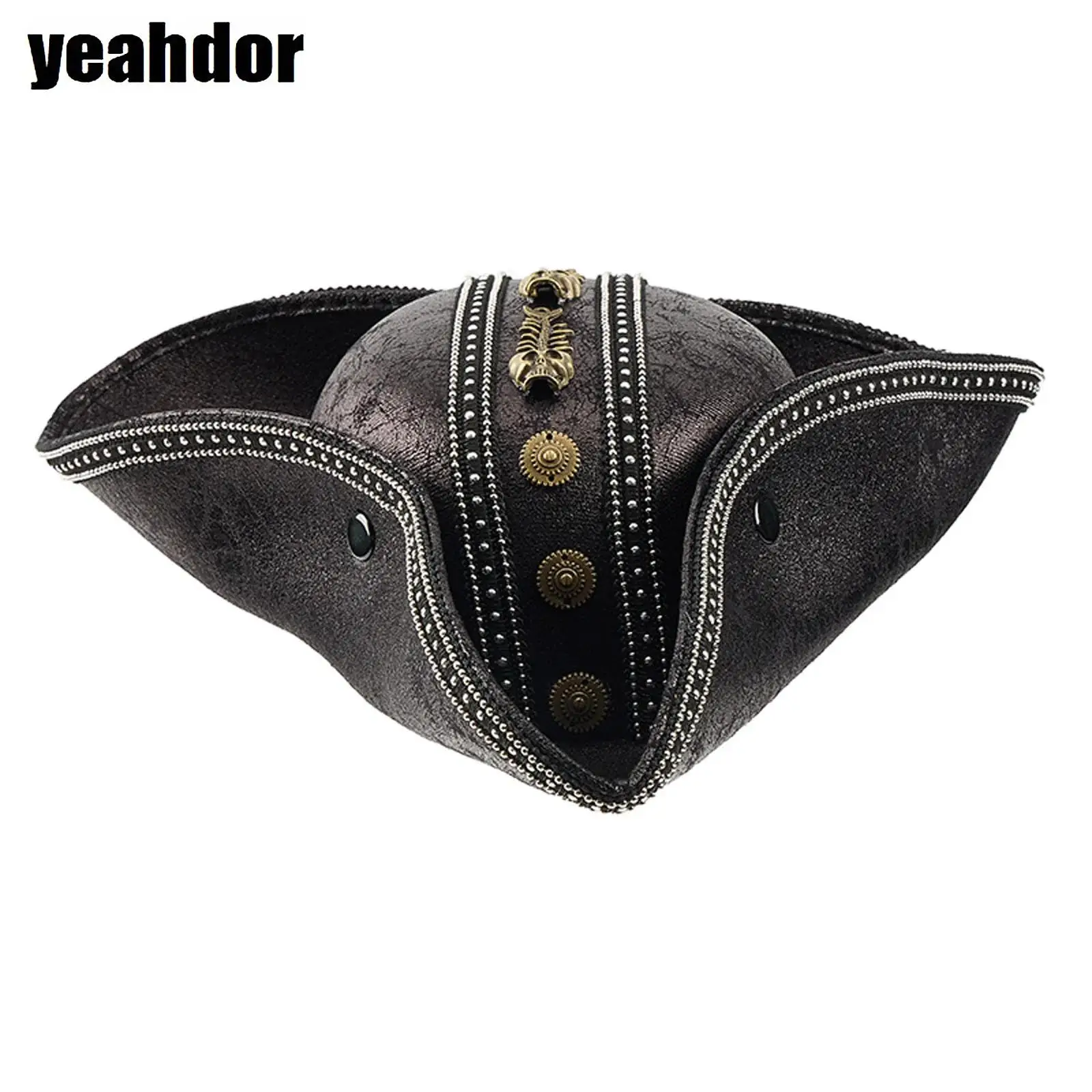 Vintage Skull Captain Hat Faux Leather Pirate Hat Colonials Tricorn Hat for Men Women Halloween Cosplay Pirate Themed Party Caps