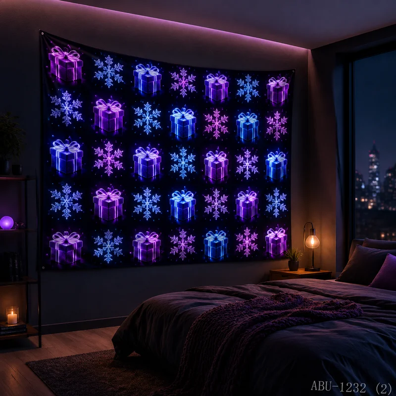 VIKAMA Neon Purple Blue Gift Box Snowflake Grid Pattern Repeat Present Christmas Tapestry Bedroom Living Room Dorm Home Decor