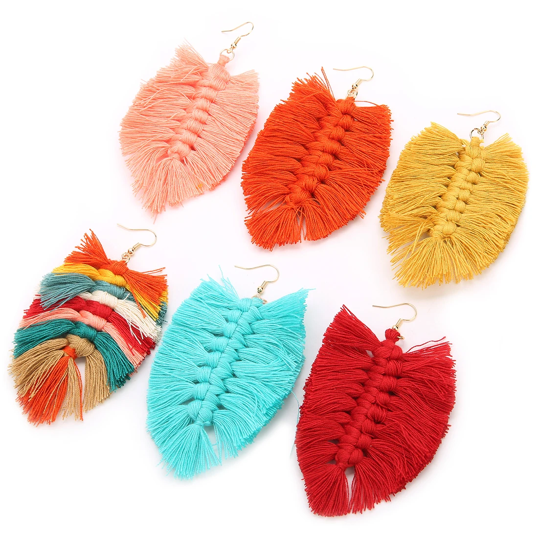 10x6cm Bohemian Leaf Fringe Earrings Macrame Colored Drop Tassel Earring For Trendy Women Party Gifts Jewelry Accessories Making