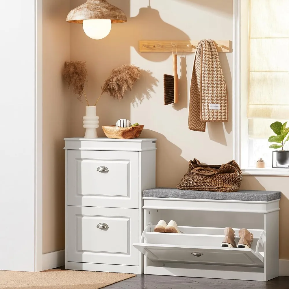 

Shoe Storage Bench w/Cushion, Narrow Shoe Rack for Entryway, Small Shoe Cabinet w/2 Tiers Flip-Drawer, Closet Hallway Mudroom