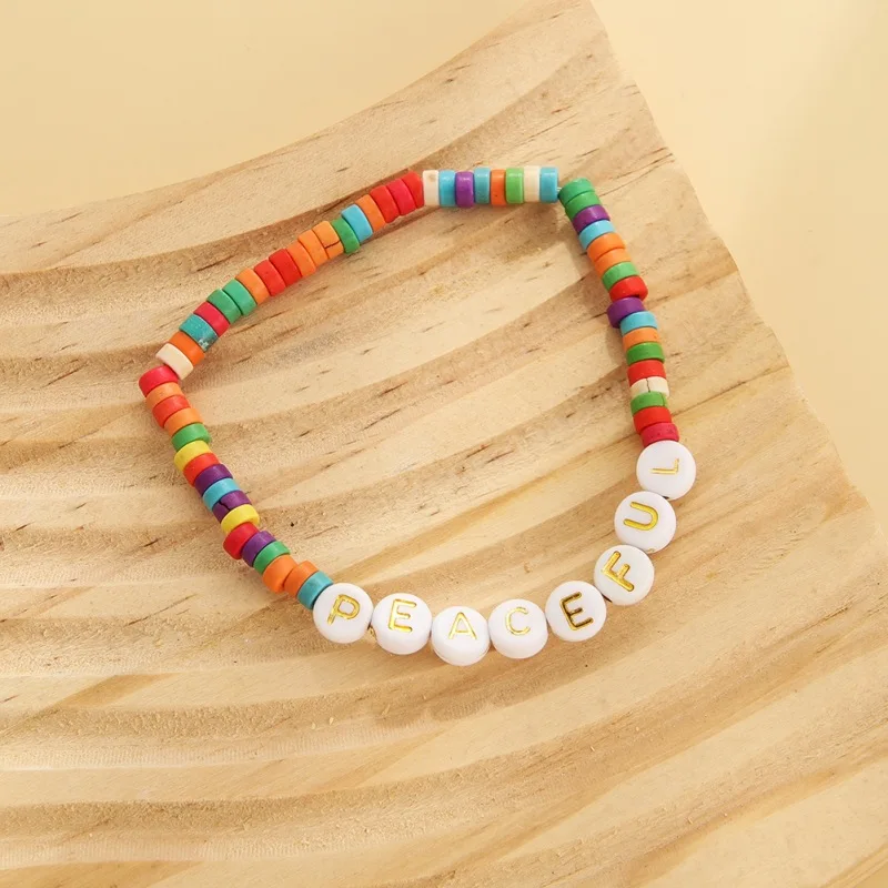 Rice bead bracelet  Natural stone Bohemia English alphabet Hand knitting Turquoise Elastic force Female Fashion Beaded bracelet