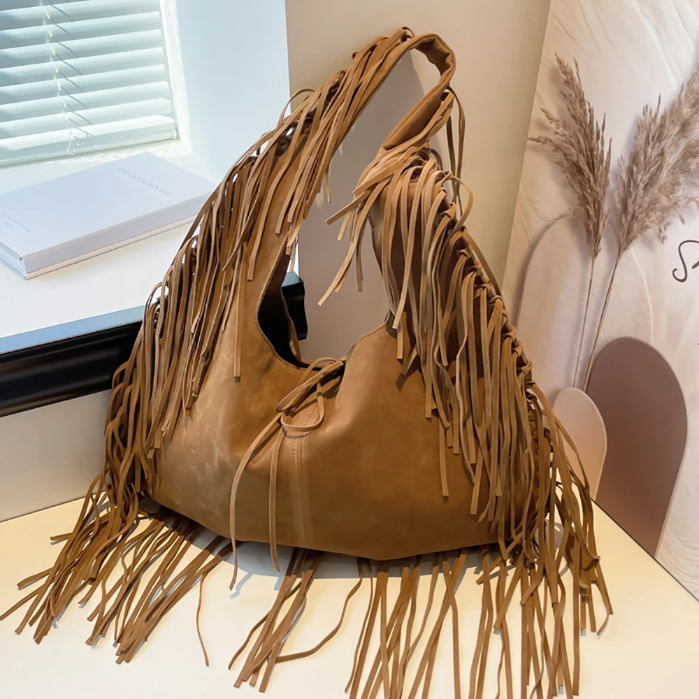 

Retro Suede Tassel Tote Bag Autumn Winter Women Large Capacity Thread Lace-Up Underarm Packs Daily Commute Single Shoulder Bags