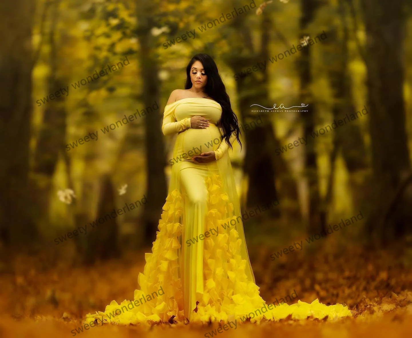 Yellow Maternity Photography Dresses with Floral Appliques Long Sleeve Boho Bridal Gown Off the Shoulder Vintage Prom Dress