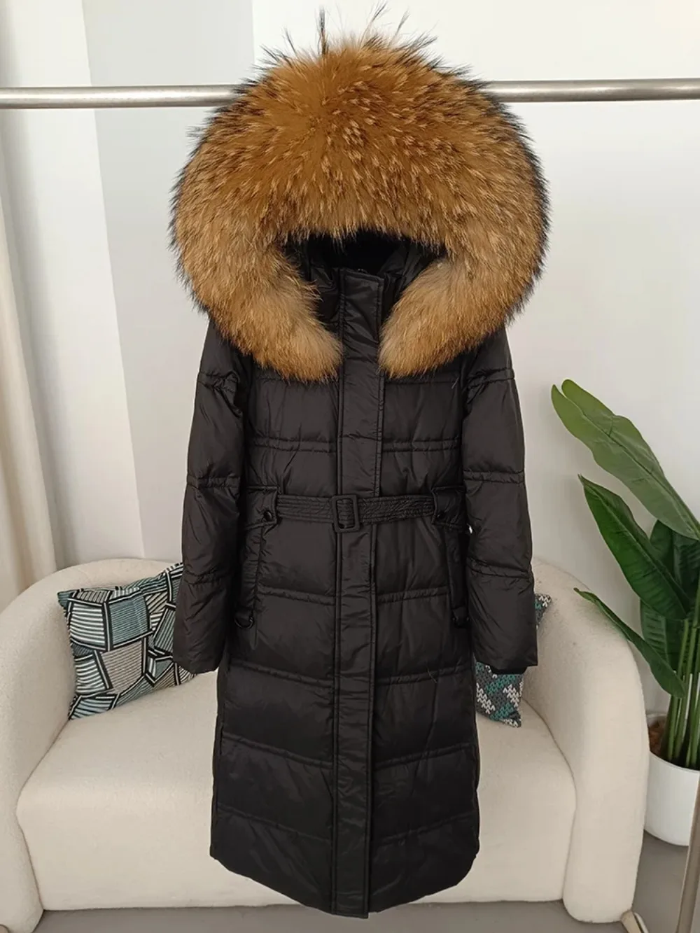 Real Raccoon fur Winter Natural Fox Fur Collar Jacket Long Women 2024 Thick Warm Duck Down Coat Belt Outerwear Streetwear