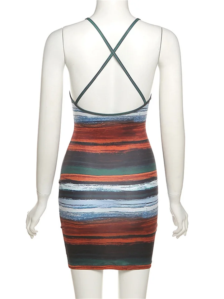 Vestido Mini de Paneles y Rayas Kliou, Estético, Sexy para Mujer, Tirantes, Escote en V, Espalda Descubierta, Look Vintage para Fiesta Nocturna 6