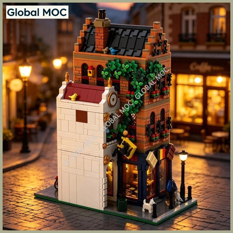 Belgian Chocolate Shop MOC Blocks Exquisite Dessert Store Interior Small Particle Town Scene Decor Ornament 2066PCS