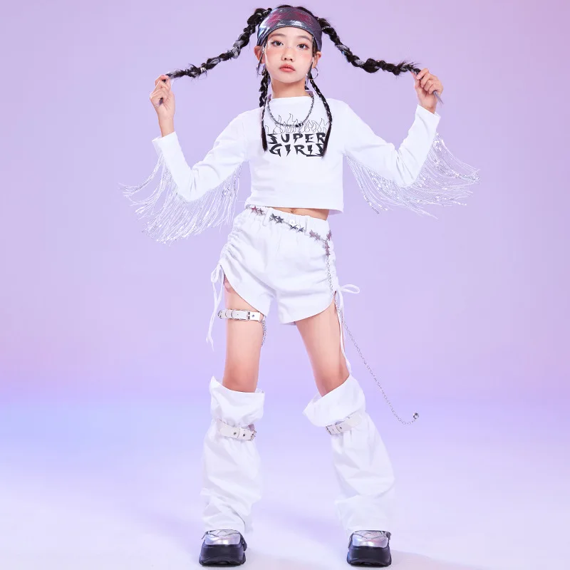 

Kid Hip Hop Clothing White Fringe Crop Top Long Sleeve T Shirt Ruched Side Drawstring Shorts for Girl Jazz Dance Costume Clothes