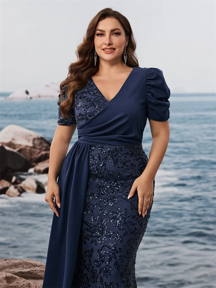 Lucyinlove Plus Size Elegant V-neck Sequins Evening Dress Women Short Sleeves Mermaid Formal Luxury Party Streamer Prom Dress image 6