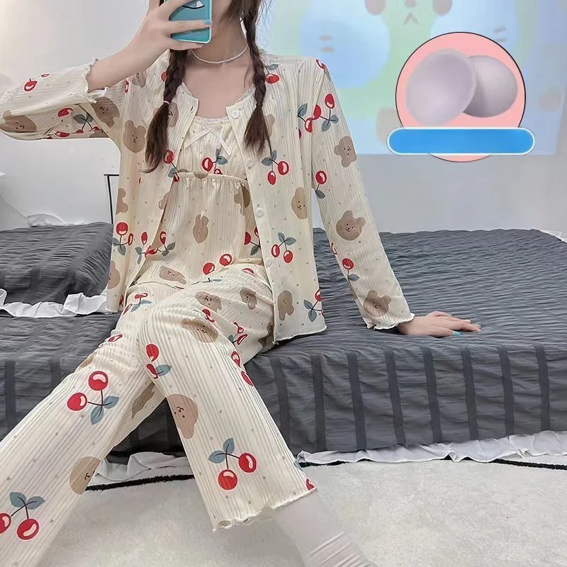 Sweet Pajama Sets Women 3PCS with Chest Pad Cute Soft Print Leisure Loose Ladies Sleepwear Long Sleeve Autumn Bedroom Outwear