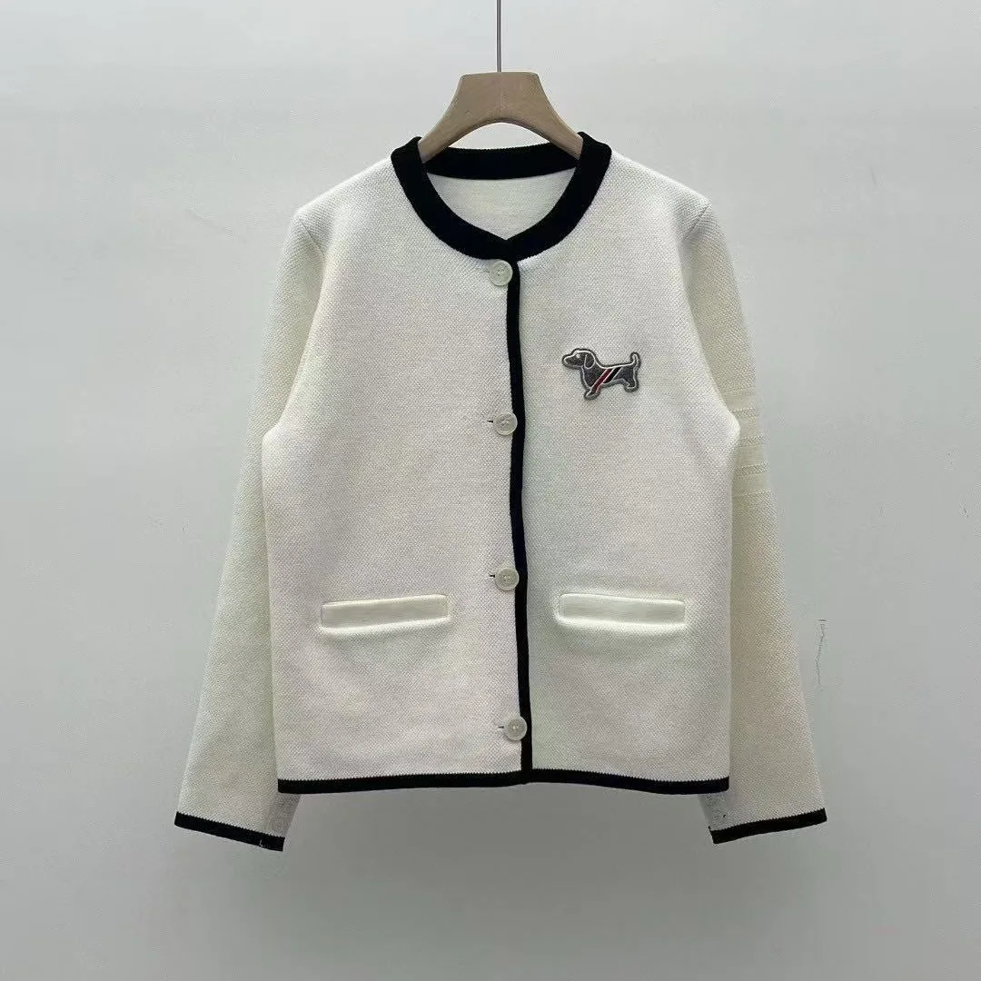 

New Autumn Winter Retro Cardigan Contrasting Color Collar Small Dog Patch Pocket Women Cardigan
