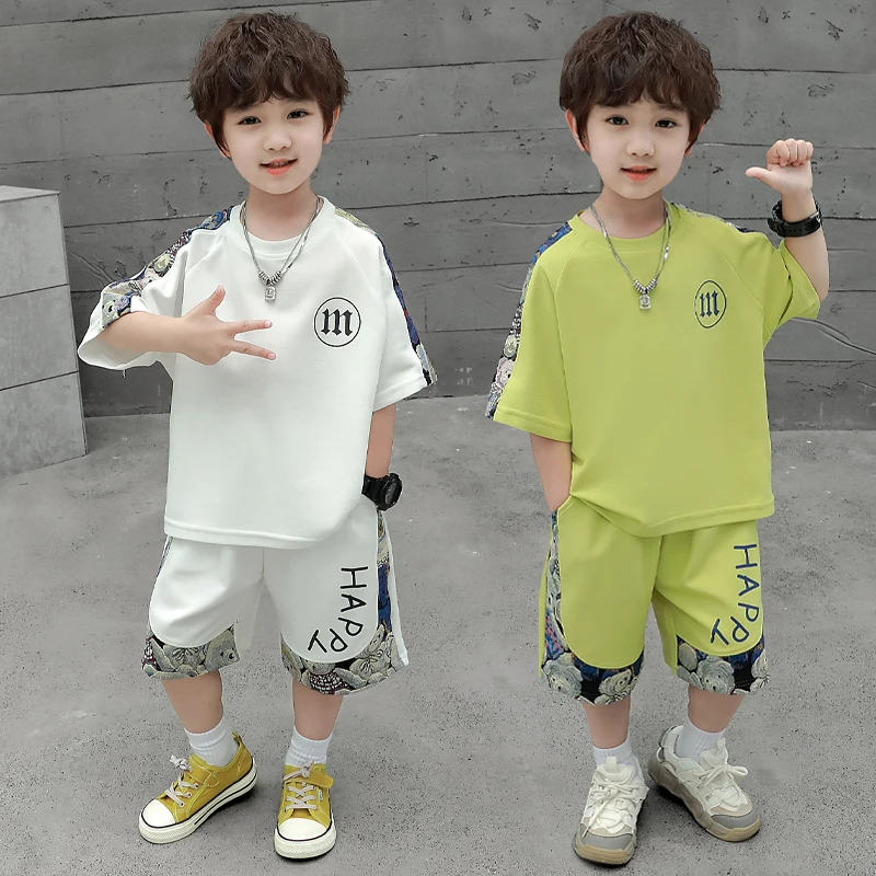 子供用夏半袖スポーティツーピースセット-クールでおしゃれな男の子用ベビー幼児向け綿混素材快適服