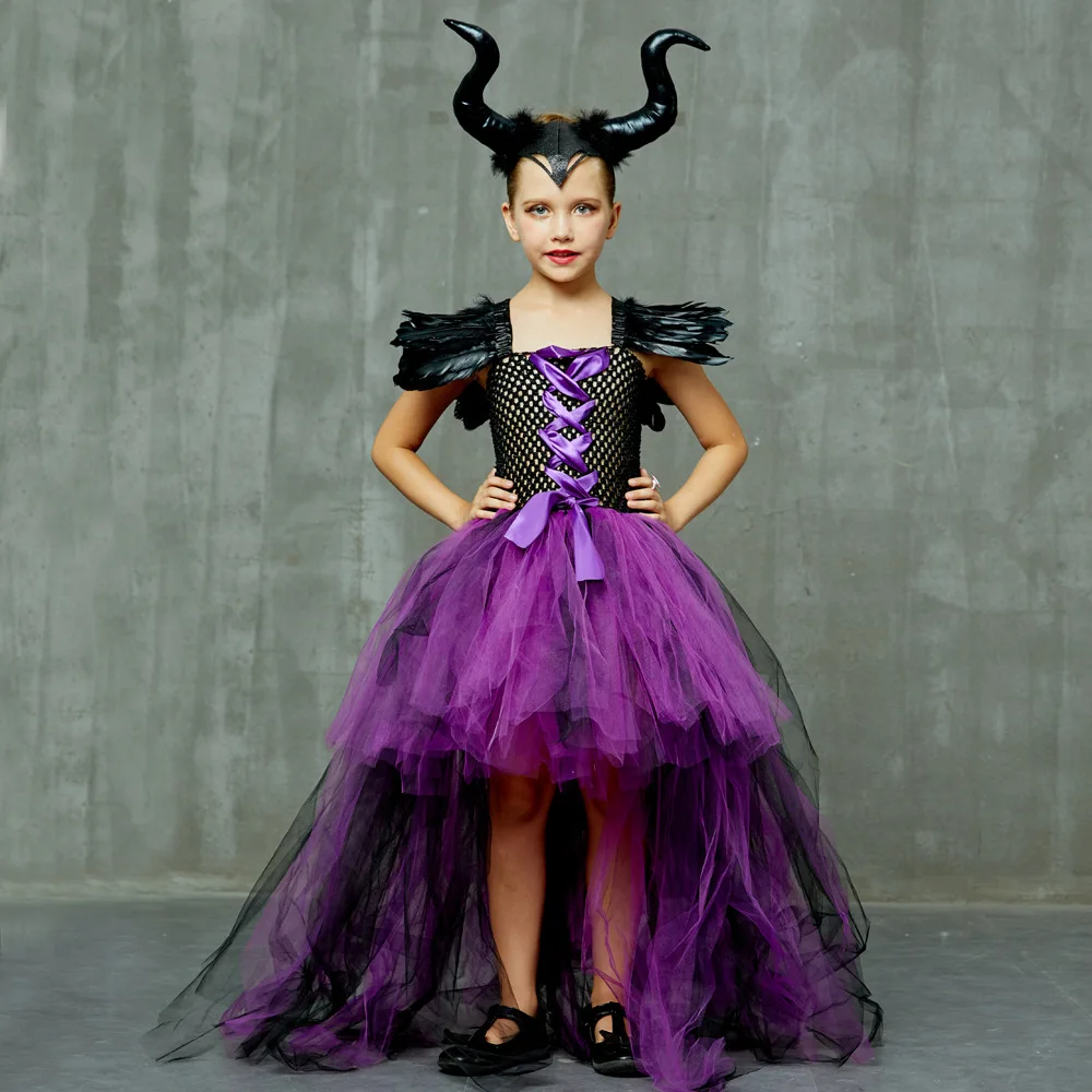 Kostum Disney Maleficent gadis mewah pesta karnaval Halloween gaun jala Trailing hitam pakaian Cosplay anak-anak ratu iblis penyihir