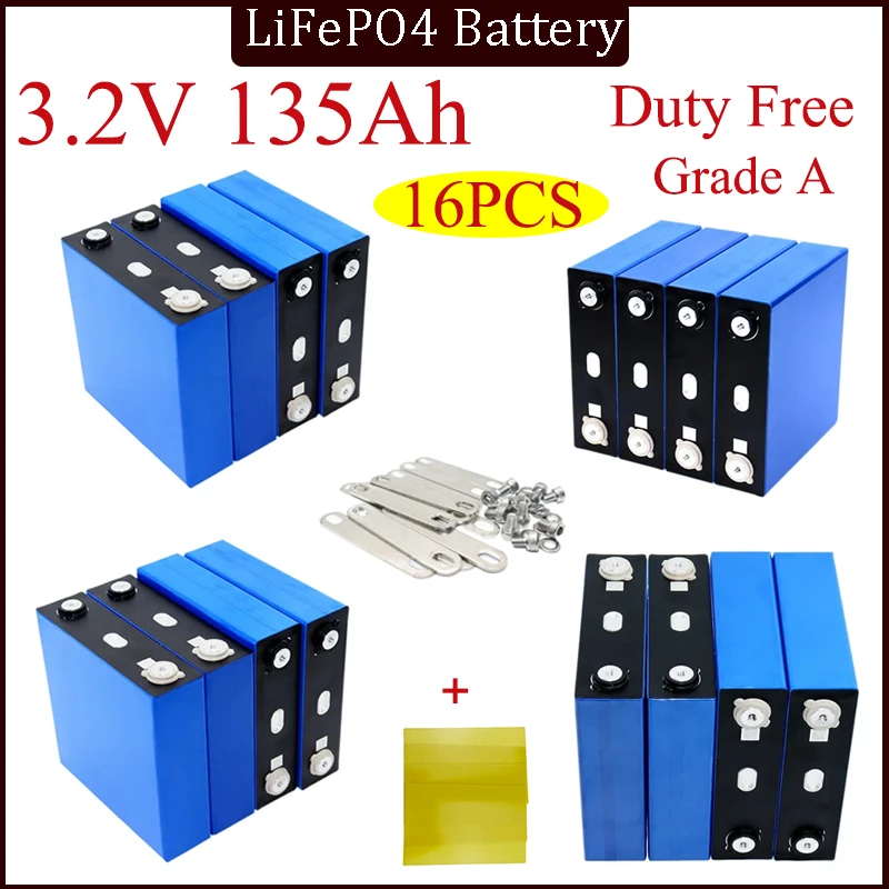 

16PCS New Lifepo4 3.2V 135Ah battery 3C High power diy 12v 24v Electric car RV Hovercraft Yacht Home Inverter Solar Wind energy