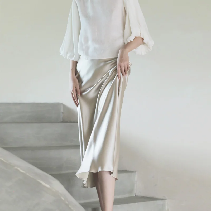 

Fashion satin long skirt high waist solid color casual women's fishtail skirt fashion women's mid to long fishtail skirt